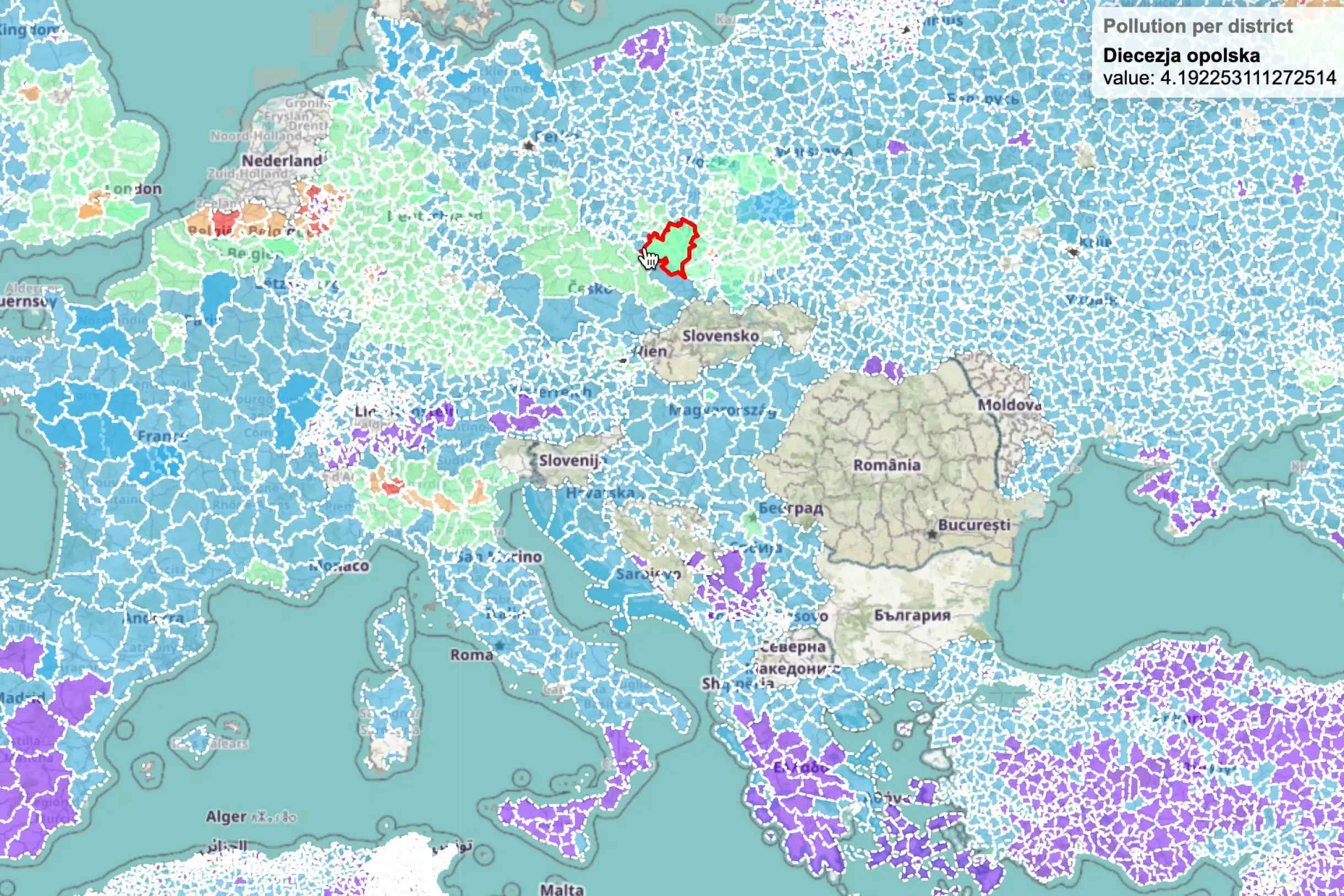 A map of Europe showing pollution levels per district, with varying colors indicating different pollution values. The map highlights the region labeled 'Diecezja opolska' with a specific pollution value 