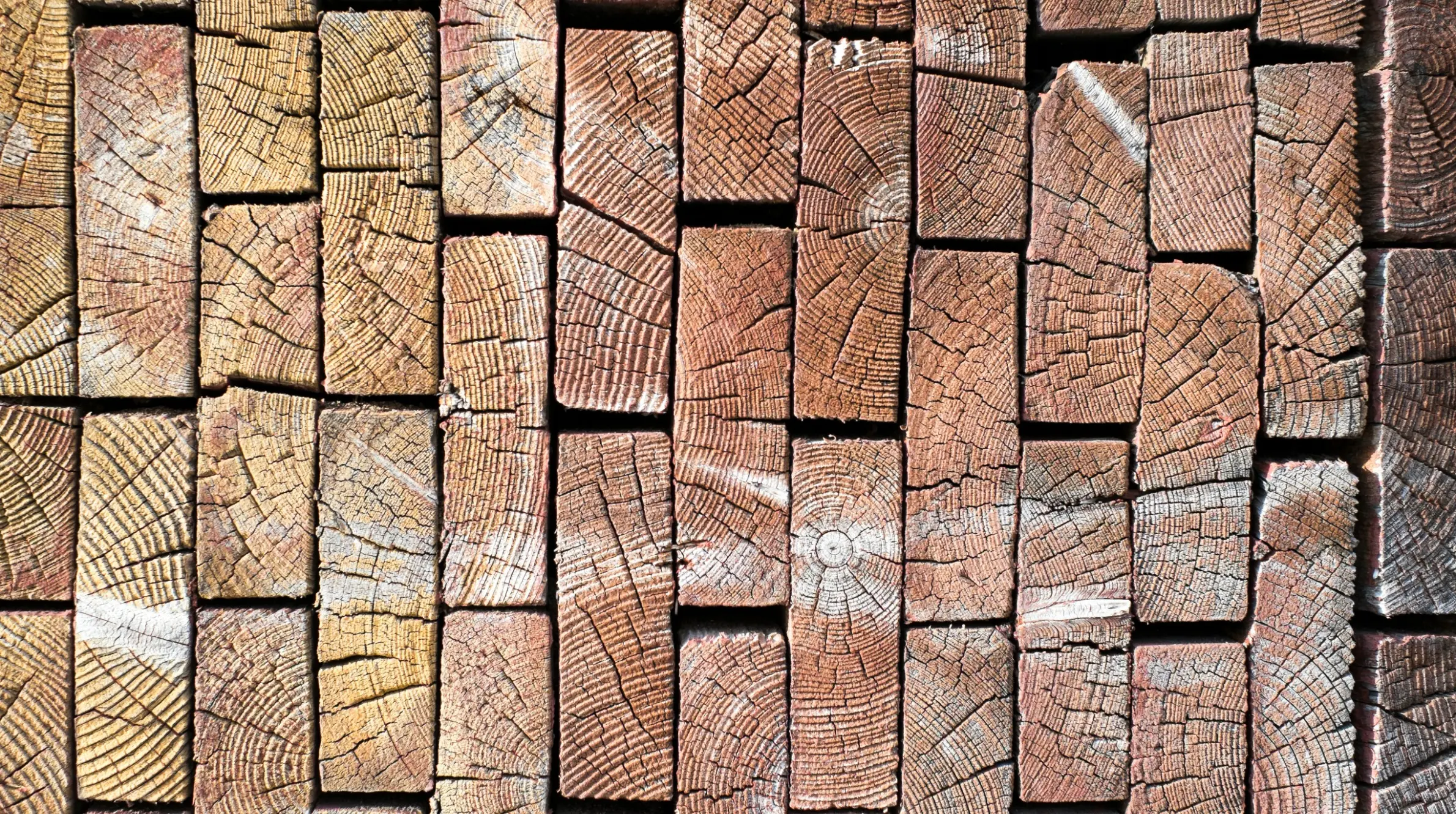 Close-up of a stack of cut wooden logs arranged neatly, showing the intricate patterns and textures of the tree rings and cracks on the cut ends of the logs.